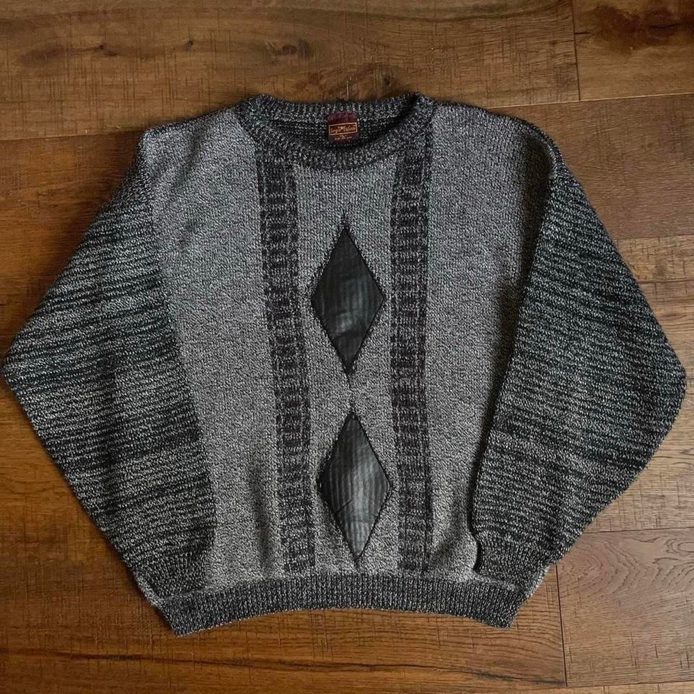 Sergio Valente Sweater Womens L Grey Vintage Leather Patch Cottage Knitwear